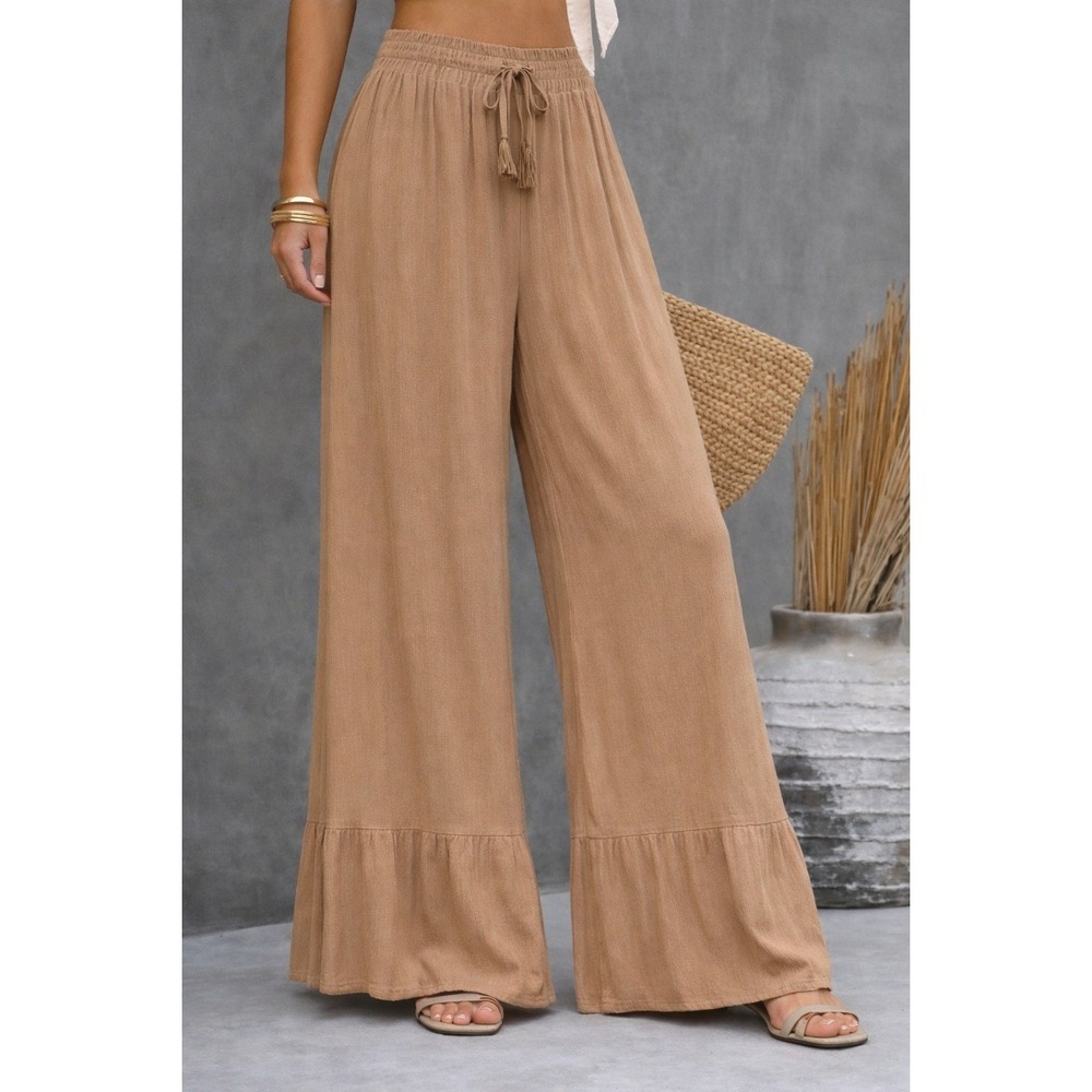 Salty Lemon Wide Leg Tan Gauze Palazzo Pants Women L Boho Beach Ruffle Hem NWT